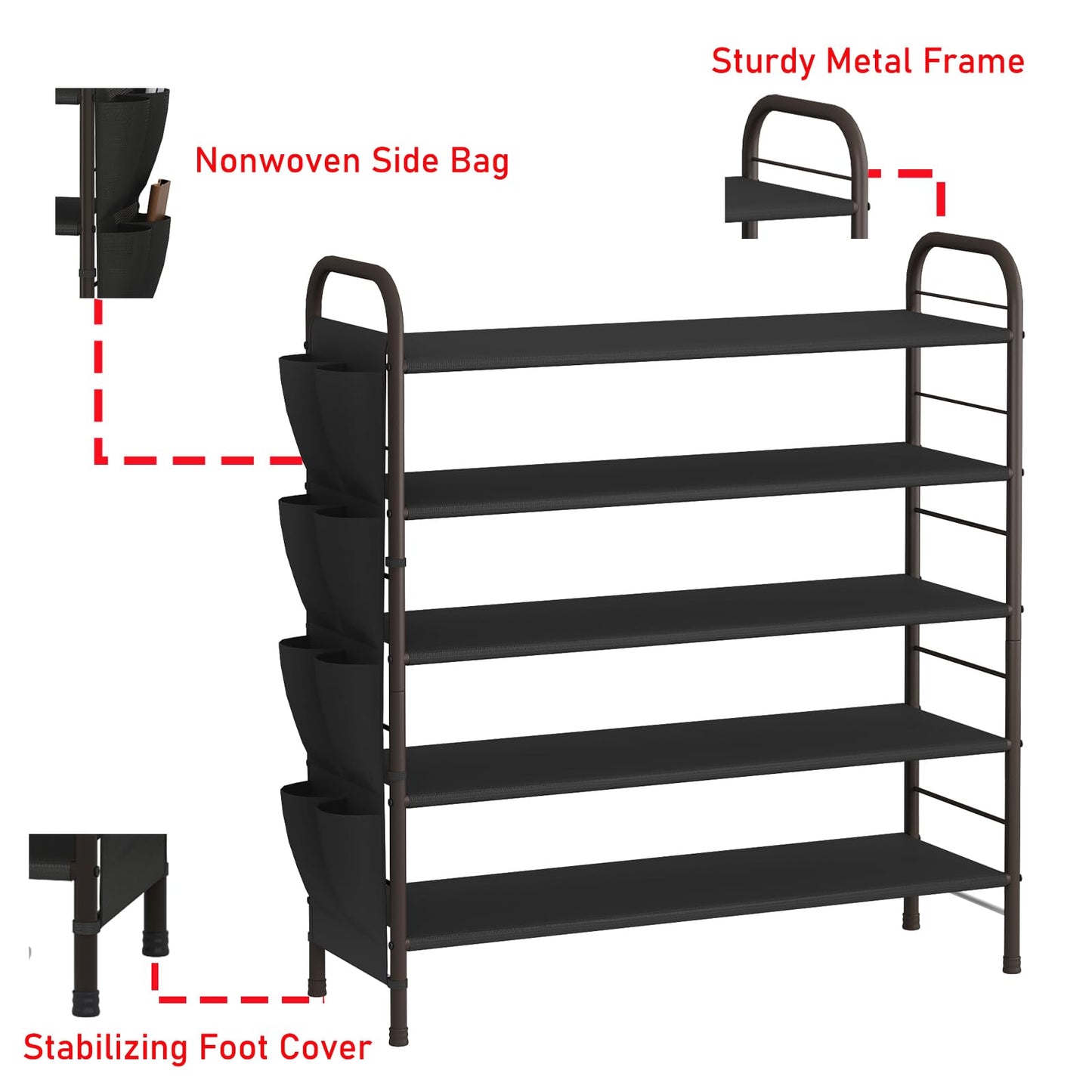 Linzinar Shoe Rack Storage Organizer 5 Tier Free Standing Metal Shoe Shelf