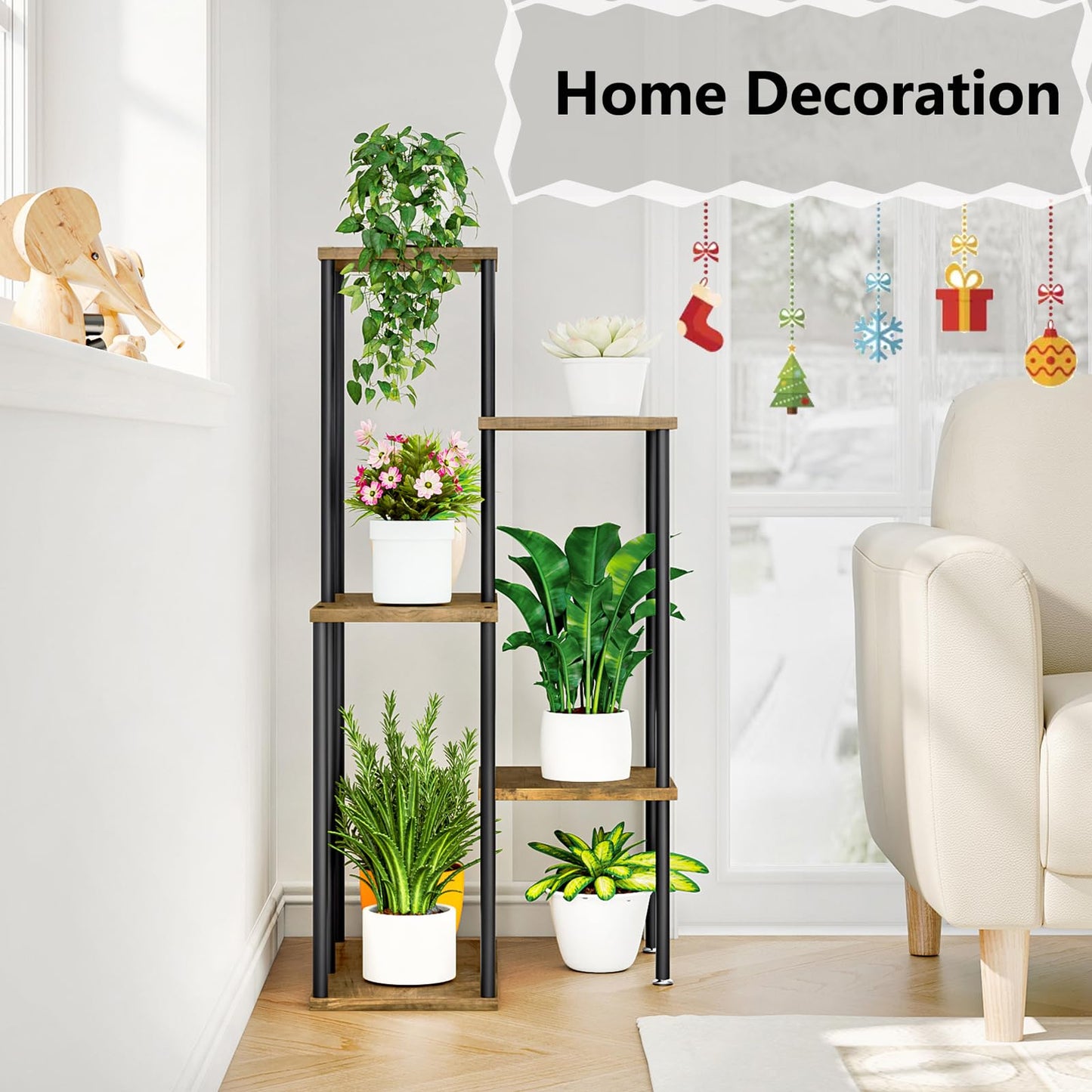 Linzinar Plant Stand Indoor Corner Plant Shelf 5 Tier 7 Potted Flower Shelves Wooden