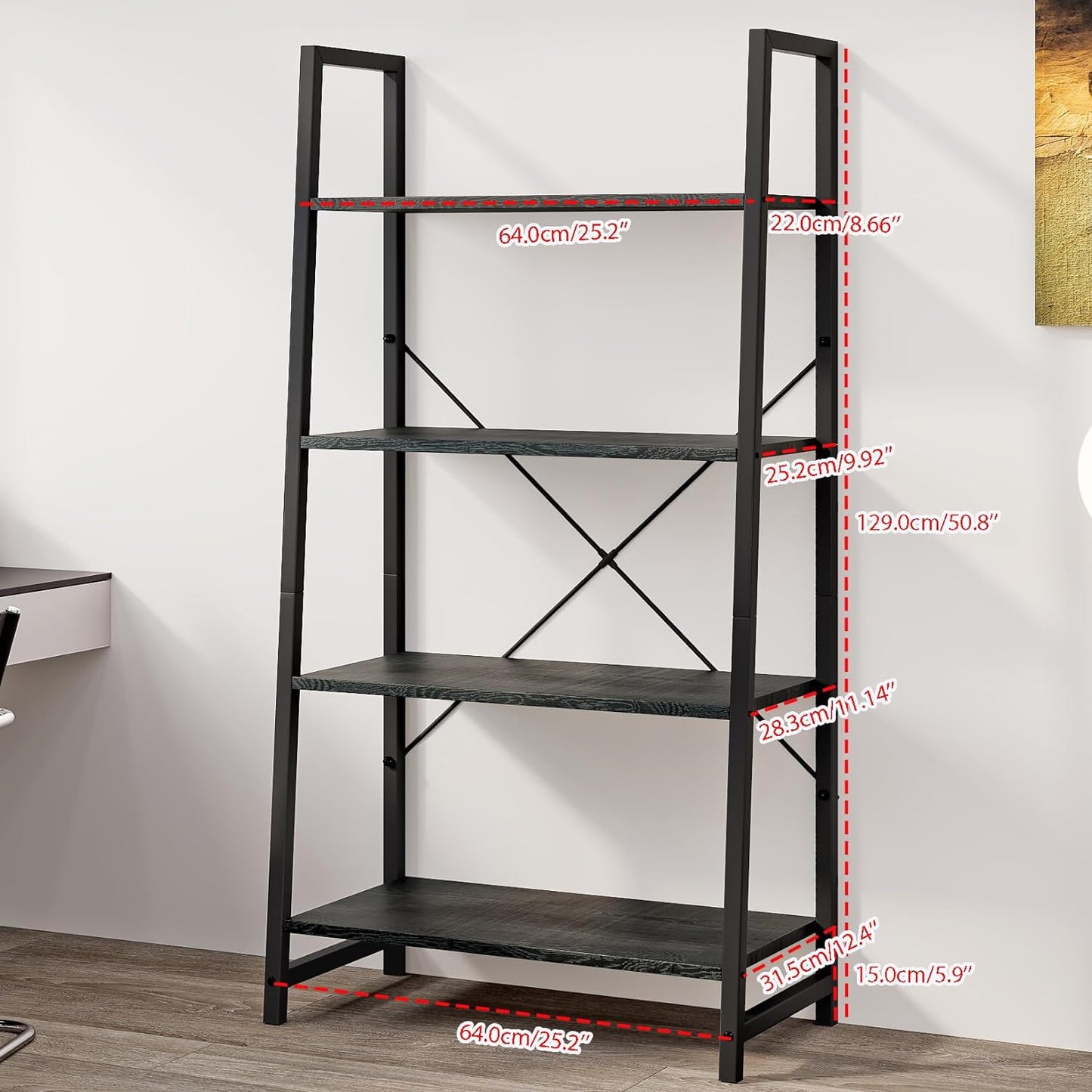Linzinar 4-Tier Book Shelf BookcaseTall Bookshelf Industrial Ladder Shelf
