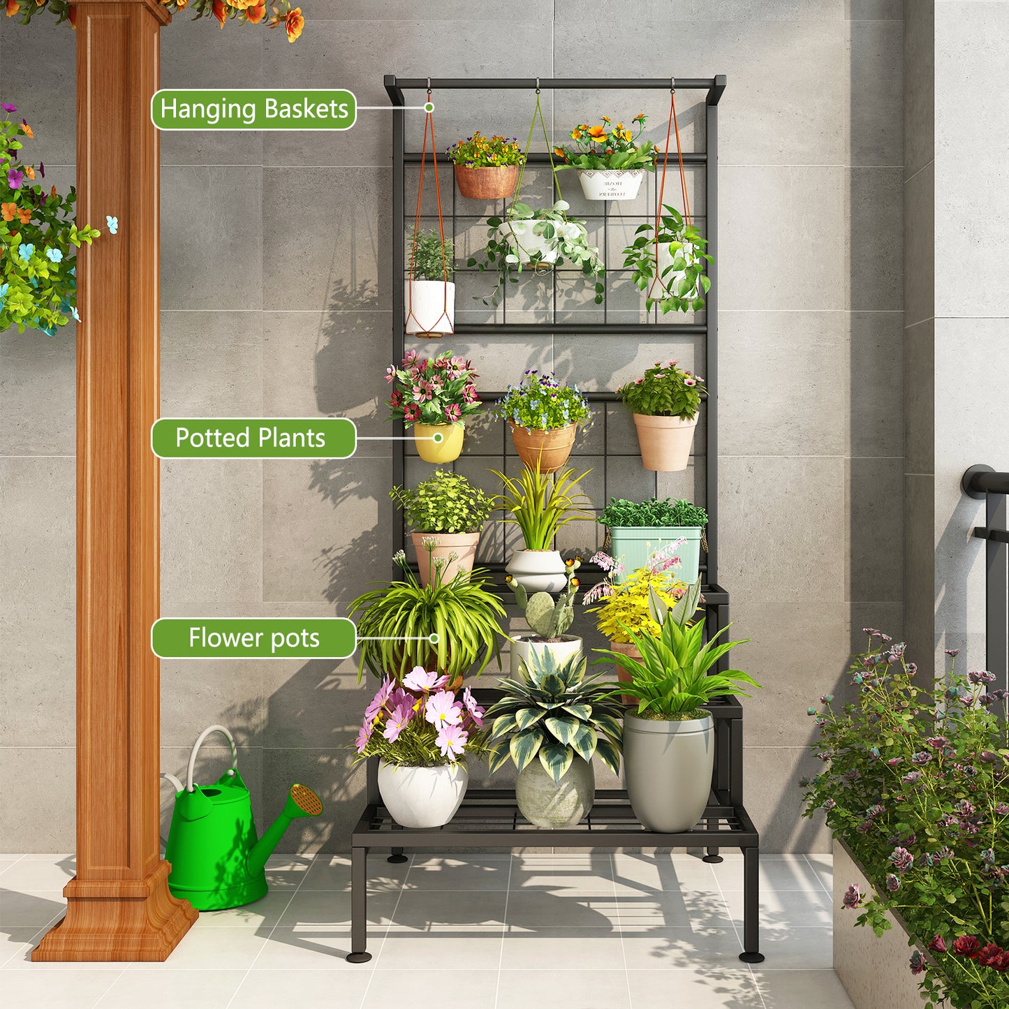 Linzinar Plant Stand 3-Tier Heavy Duty Potted Planter Rack Unit with Grid Panel