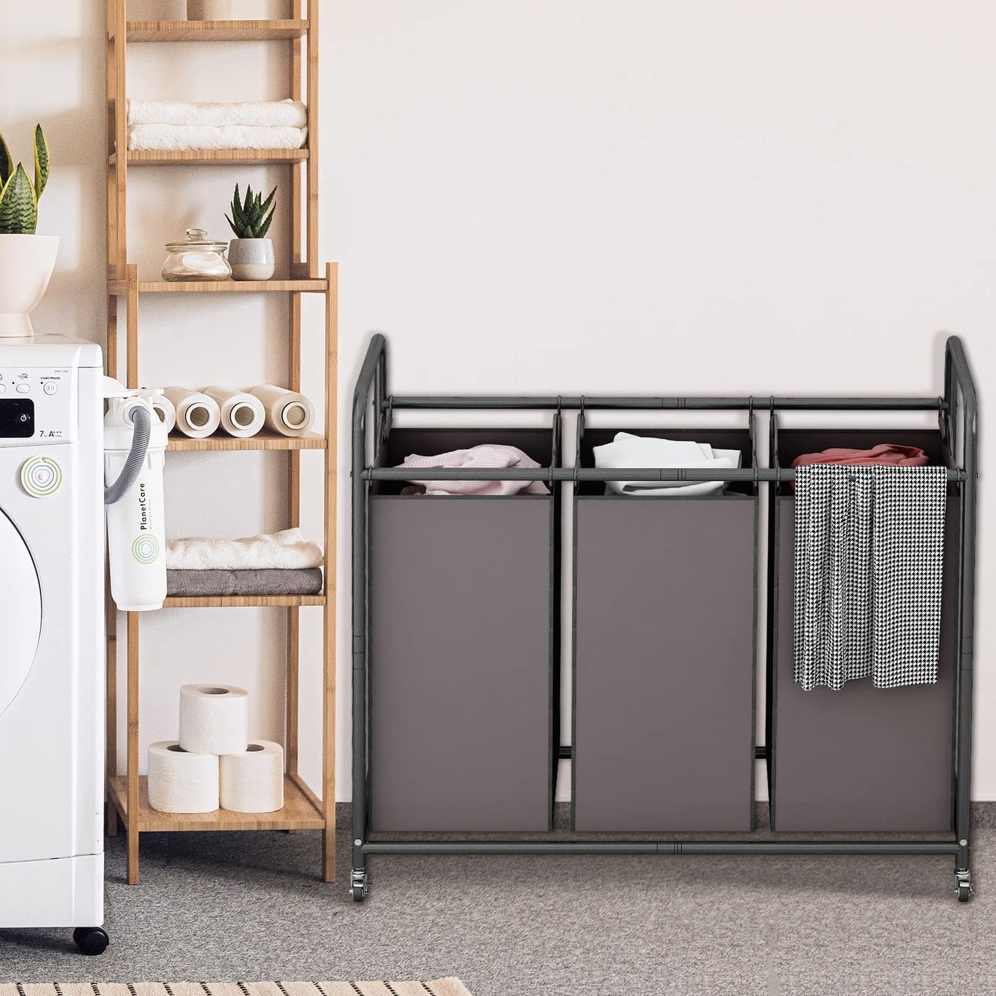 Linzinar Laundry Sorter Basket 3 Bag Laundry Hamper Cart