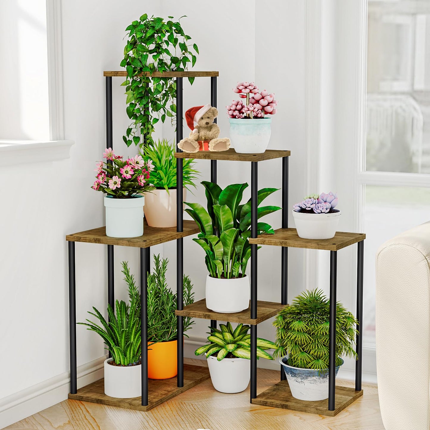 Linzinar Plant Stand Indoor Corner Plant Shelf 5 Tier 9 Potted Flower Shelves Wooden