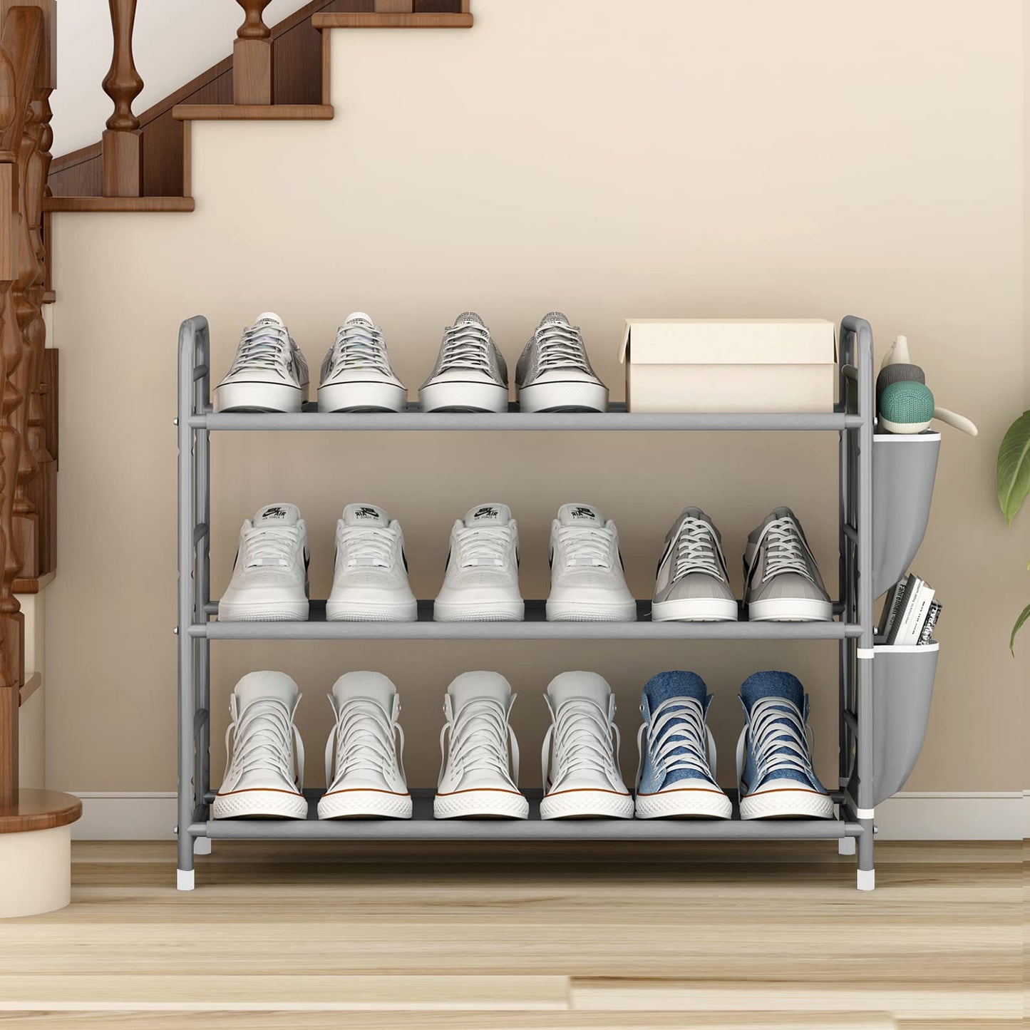 Linzinar Shoe Rack Storage Organizer 3 Tier Free Standing Metal Shoe Shelf