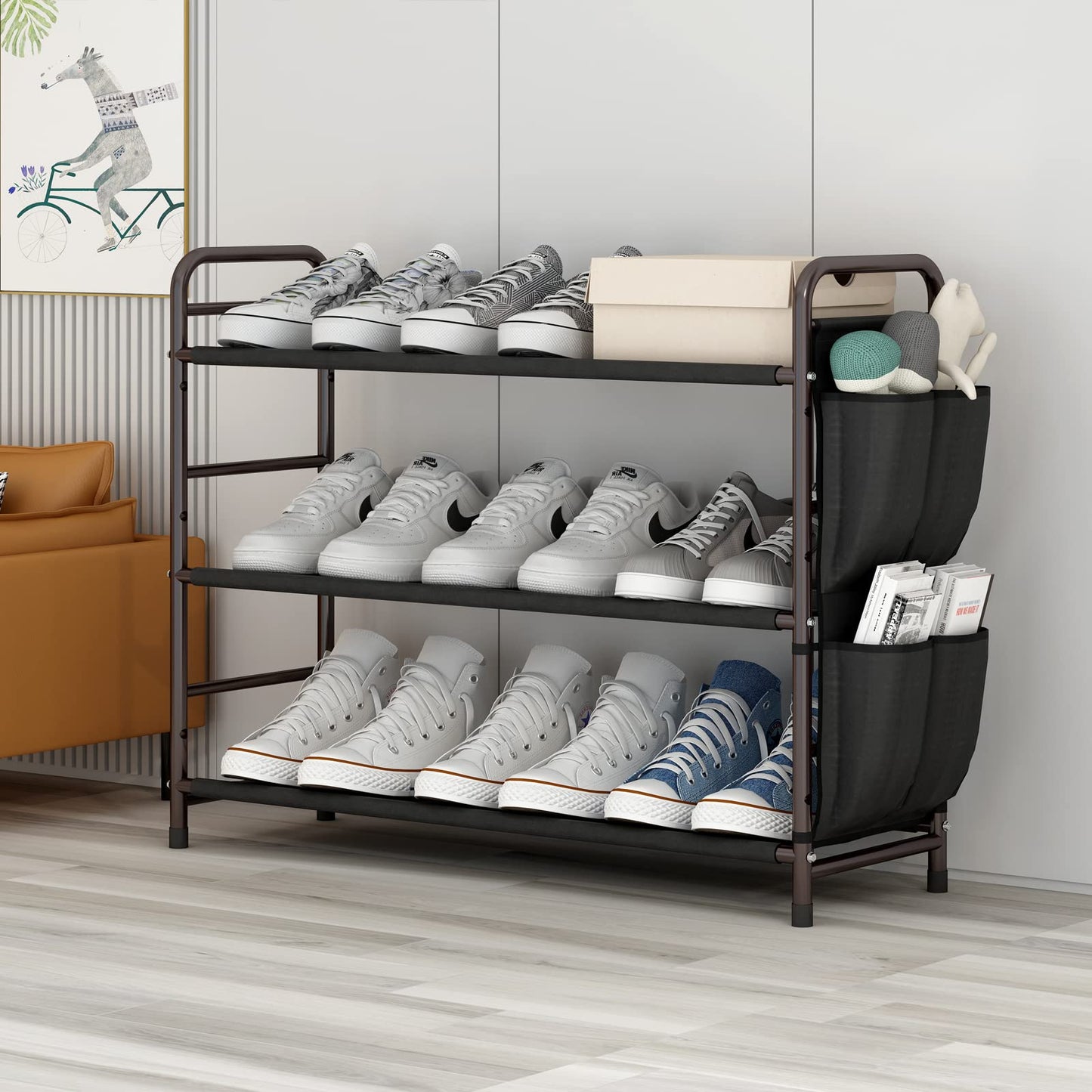 Linzinar Shoe Rack Storage Organizer 3 Tier Free Standing Metal Shoe Shelf