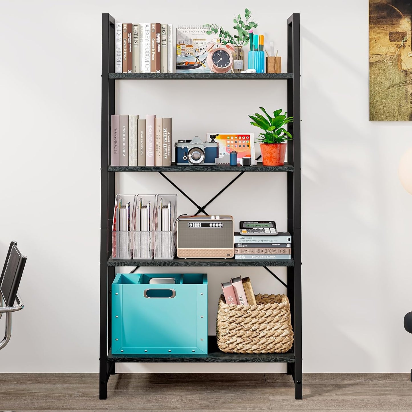 Linzinar 4-Tier Book Shelf BookcaseTall Bookshelf Industrial Ladder Shelf
