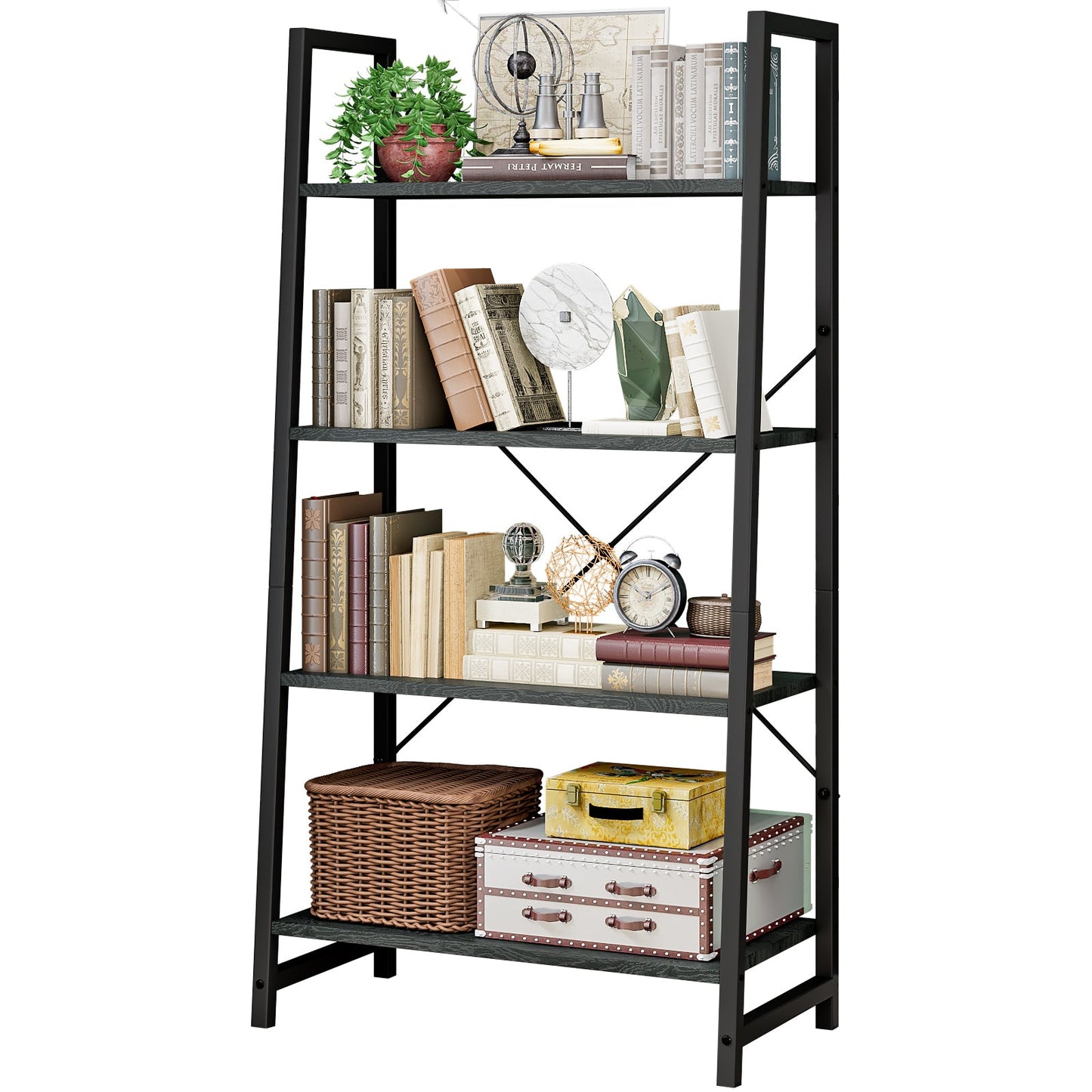 Linzinar 4-Tier Book Shelf BookcaseTall Bookshelf Industrial Ladder Shelf