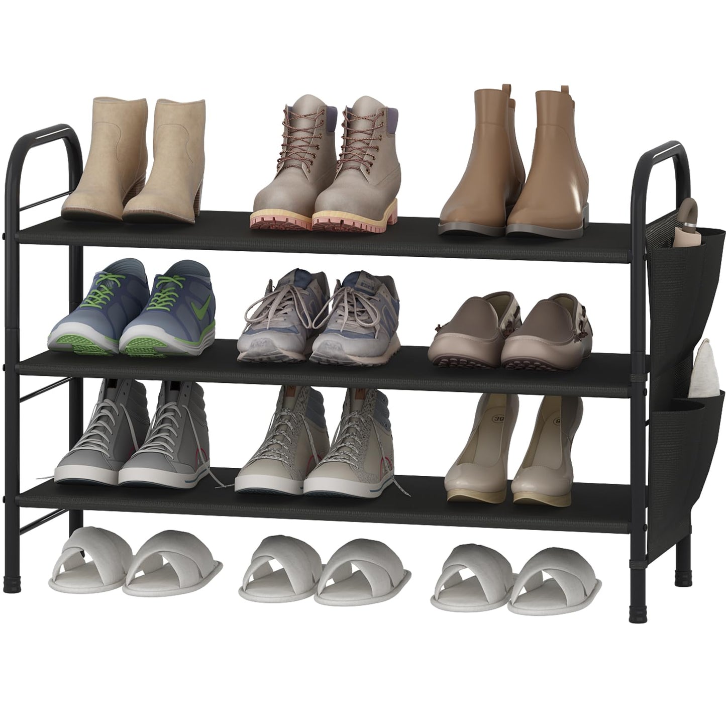 Linzinar Shoe Rack Storage Organizer 3 Tier Free Standing Metal Shoe Shelf