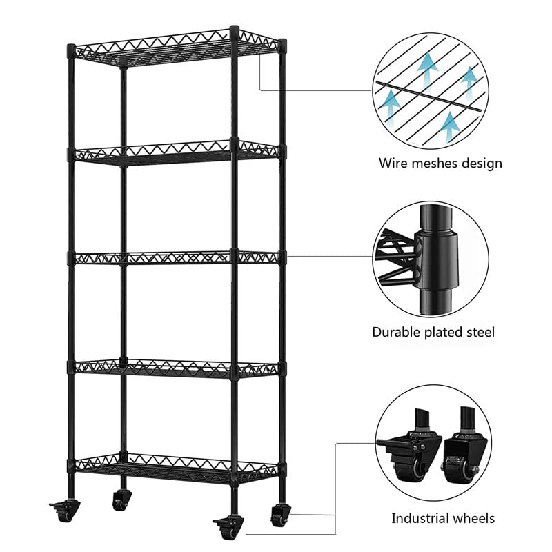 Linzinar Shelves 5-Shelf Shelving Storage Unit on Wheel Casters Metal Organizer
