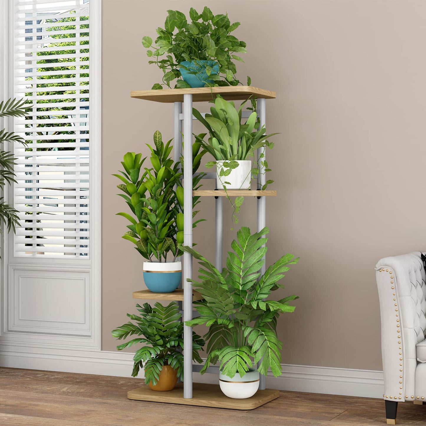 Linzinar Plant Stand 4 Tier 5 Potted Indoor Plant Shelf Multiple Stands for Garden Corner Balcony Living Room