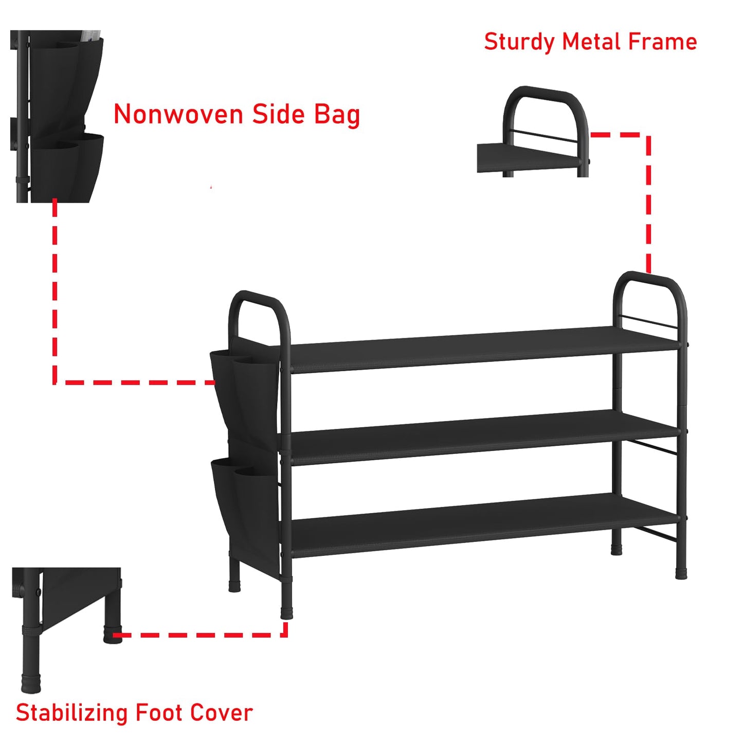 Linzinar Shoe Rack Storage Organizer 3 Tier Free Standing Metal Shoe Shelf
