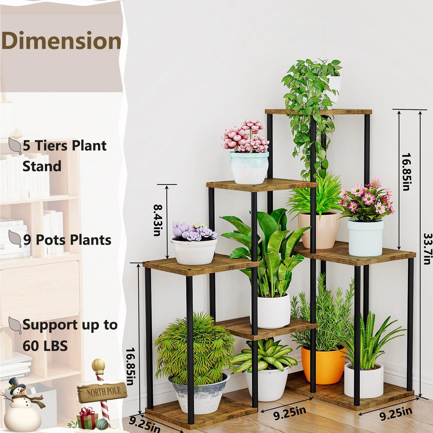 Linzinar Plant Stand Indoor Corner Plant Shelf 5 Tier 9 Potted Flower Shelves Wooden