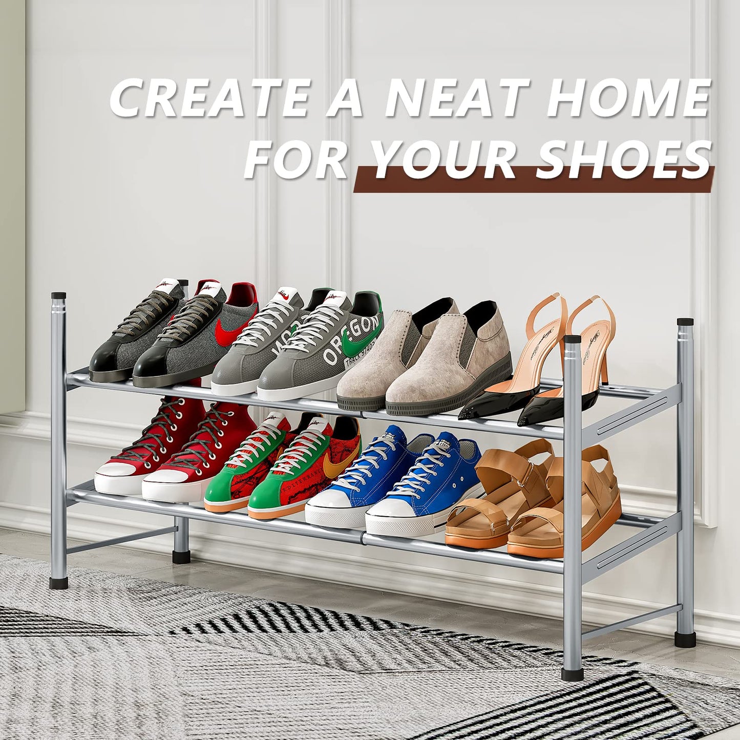 Linzinar Shoe Rack 2 Tier Metal Expandable Adjustable Shoe Shelf