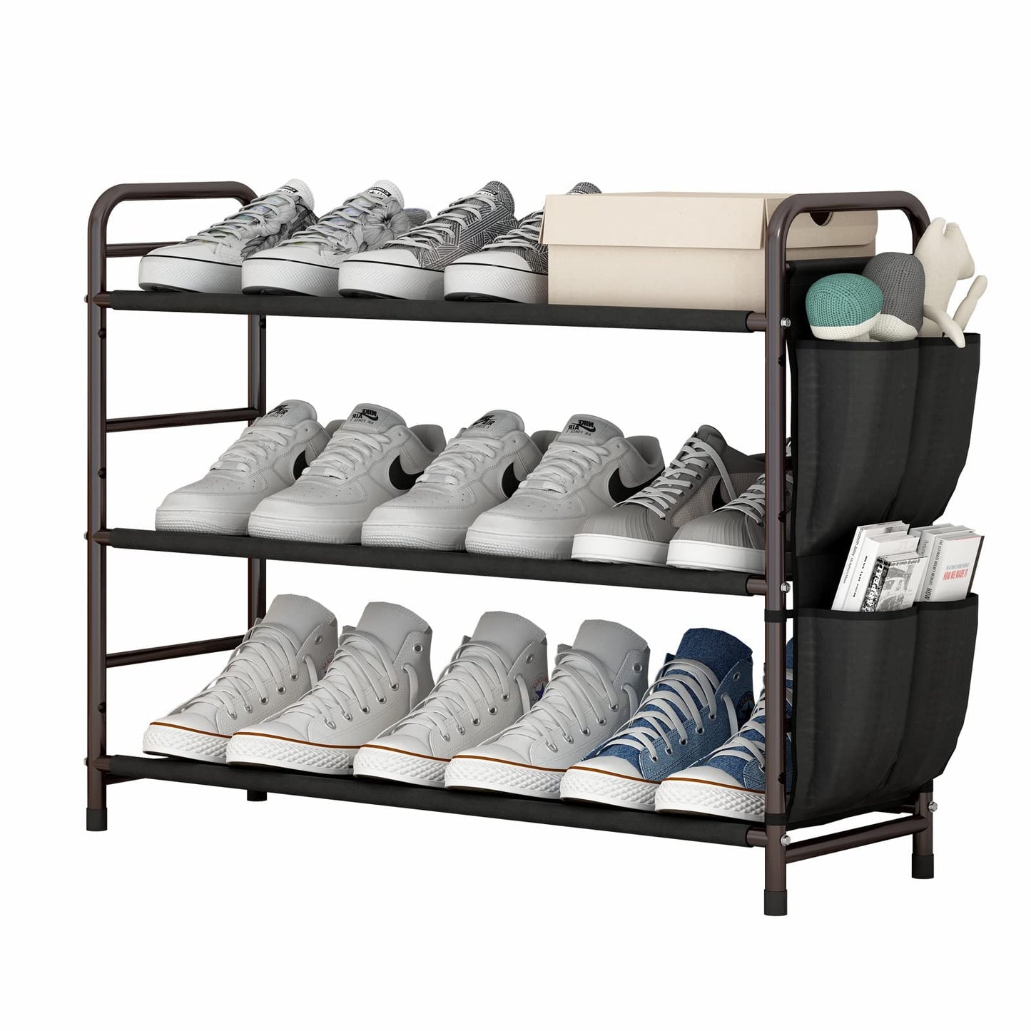 Linzinar Shoe Rack Storage Organizer 3 Tier Free Standing Metal Shoe Shelf