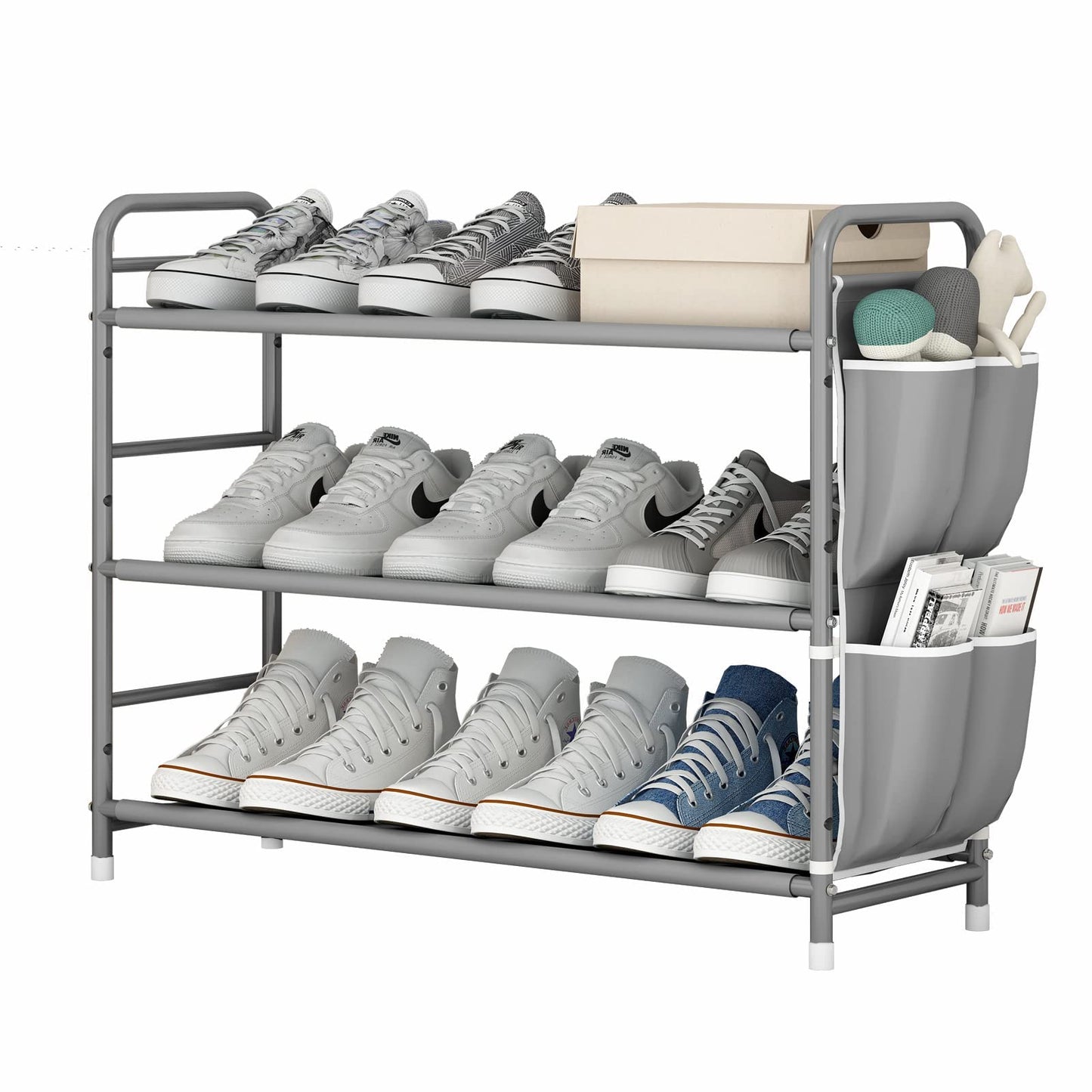 Linzinar Shoe Rack Storage Organizer 3 Tier Free Standing Metal Shoe Shelf