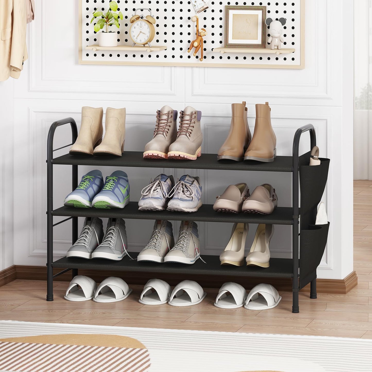 Linzinar Shoe Rack Storage Organizer 3 Tier Free Standing Metal Shoe Shelf