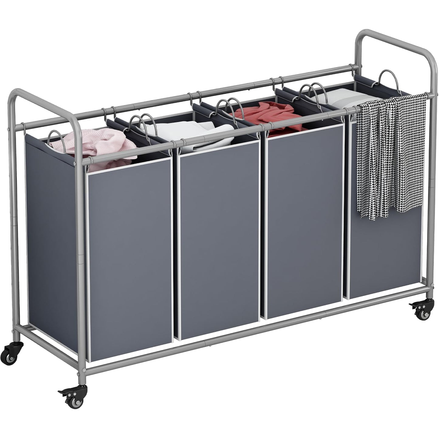 Linzinar 4-Bag Laundry Basket Cart with Heavy Duty Rolling Lockable Wheels and Removable