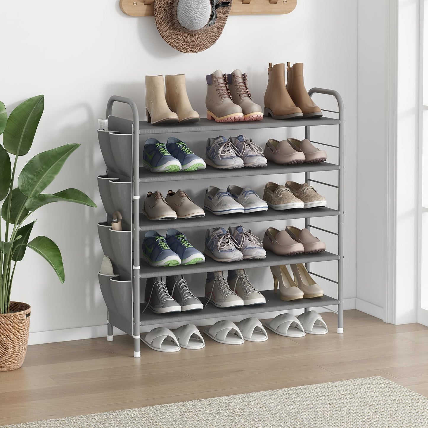 Linzinar Shoe Rack Storage Organizer 5 Tier Free Standing Metal Shoe Shelf