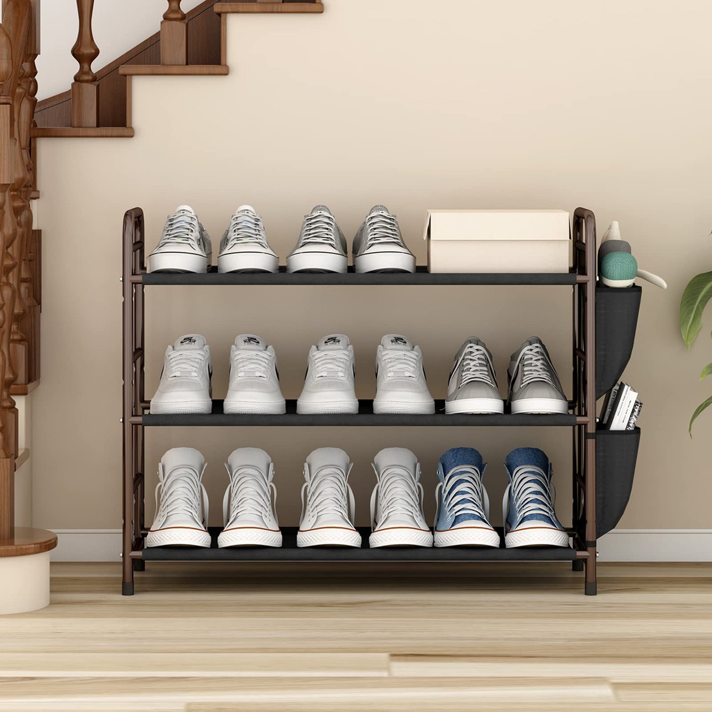 Linzinar Shoe Rack Storage Organizer 3 Tier Free Standing Metal Shoe Shelf