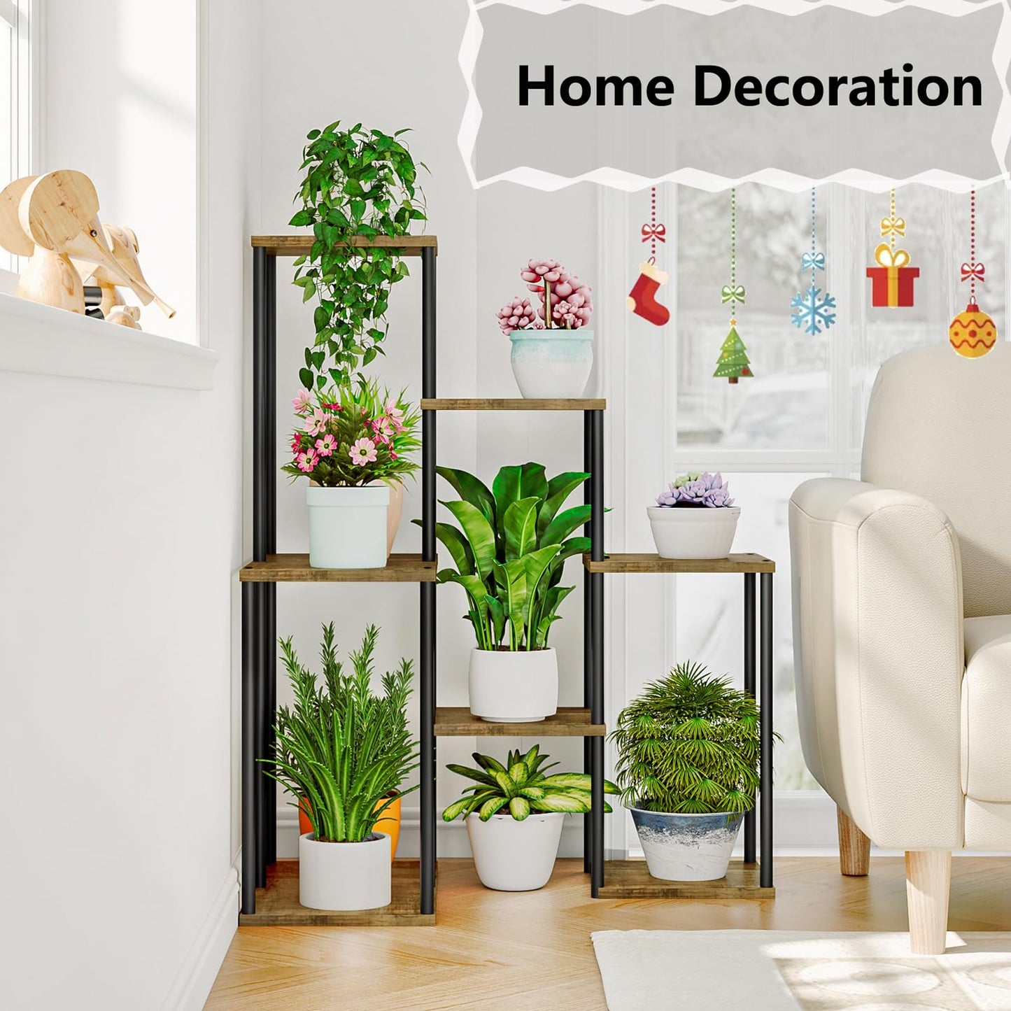 Linzinar Plant Stand Indoor Corner Plant Shelf 5 Tier 9 Potted Flower Shelves Wooden