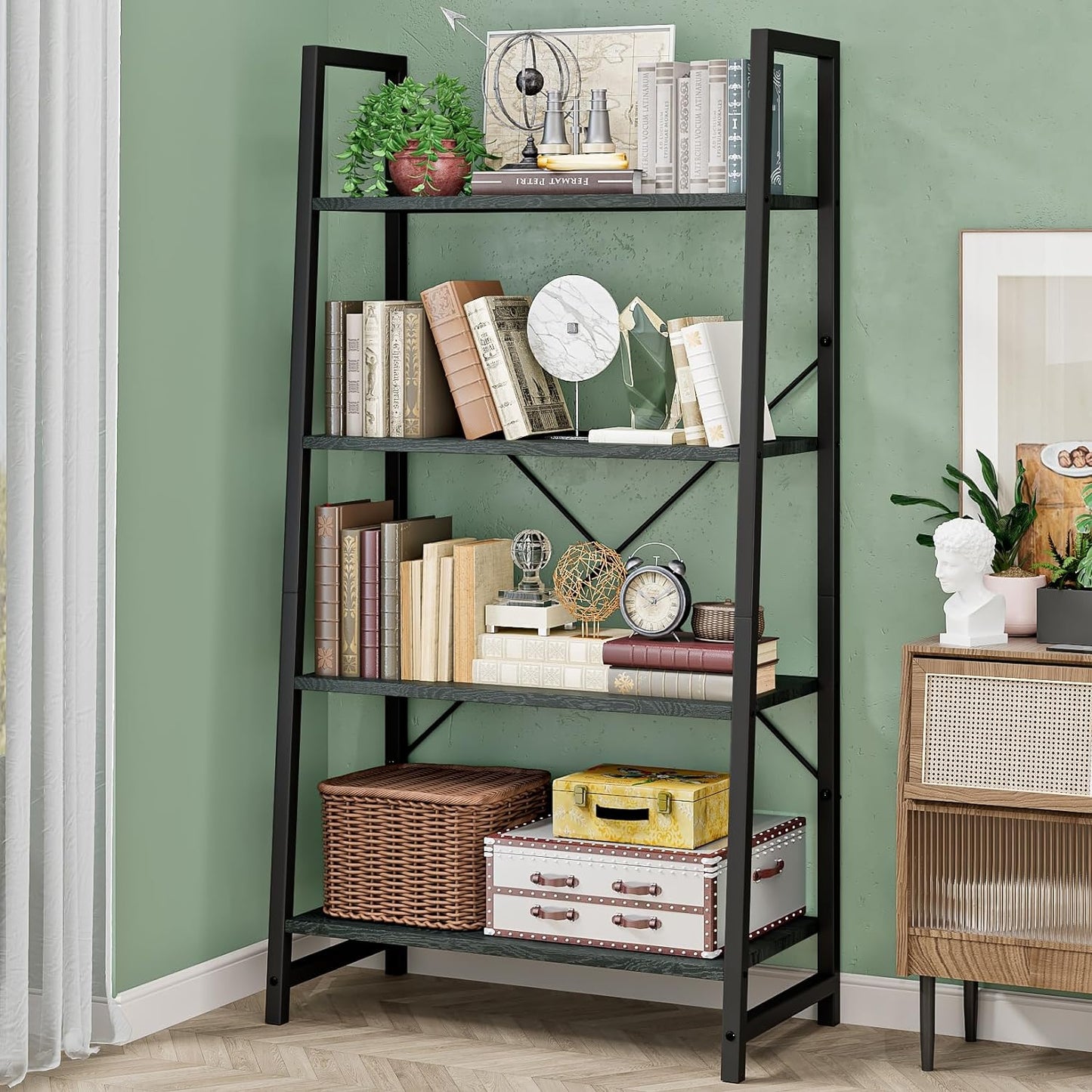 Linzinar 4-Tier Book Shelf BookcaseTall Bookshelf Industrial Ladder Shelf