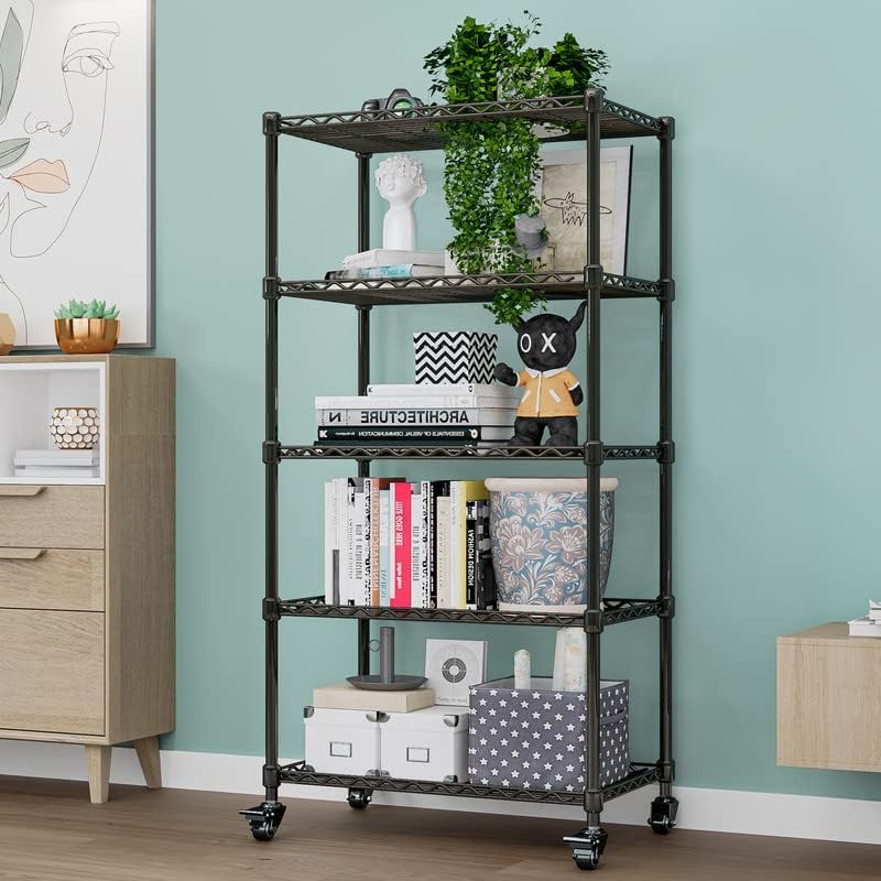 Linzinar Shelves 5-Shelf Shelving Storage Unit on Wheel Casters Metal Organizer