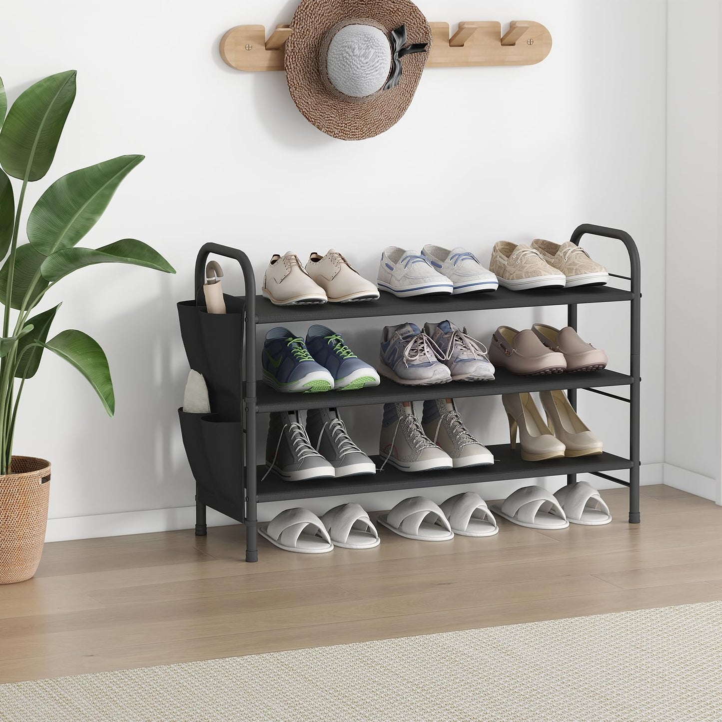 Linzinar Shoe Rack Storage Organizer 3 Tier Free Standing Metal Shoe Shelf