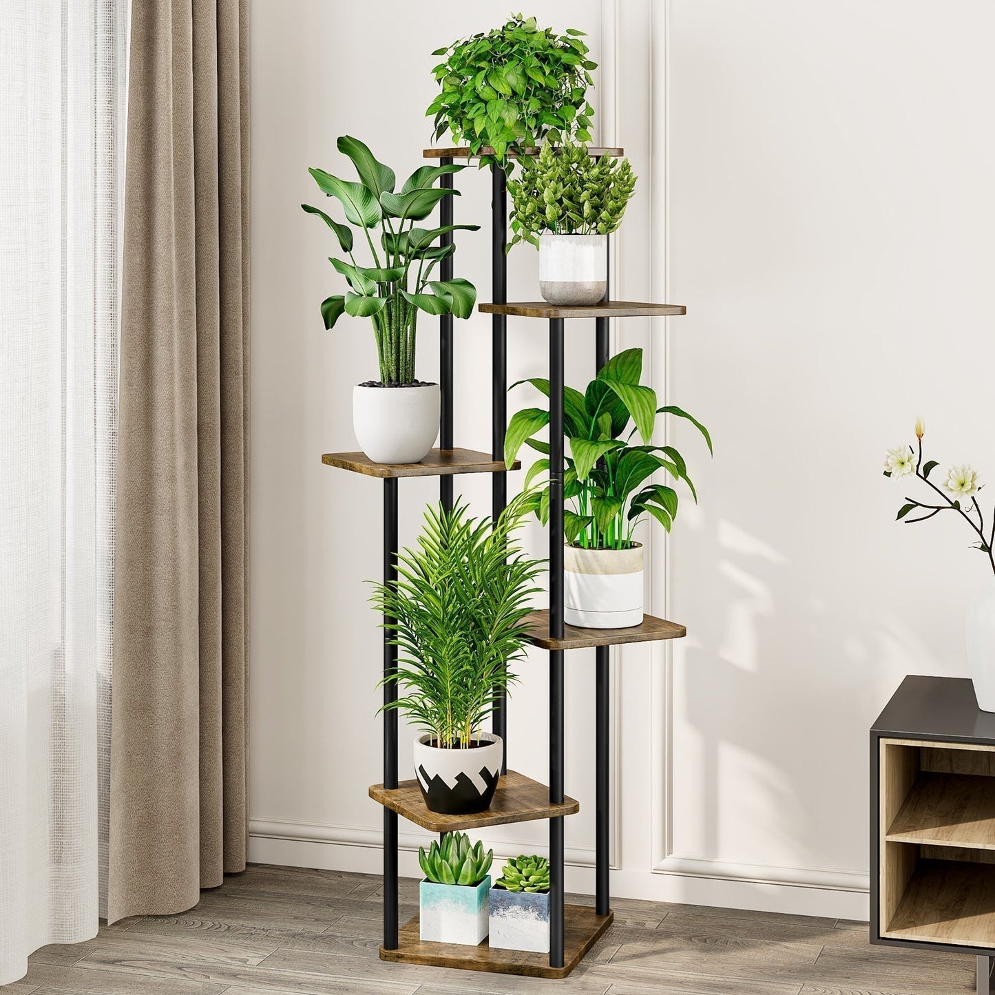 Linzinar Plant Stand 6 Tier 7 Potted Indoor Metal Corner Flower Shelf for Multiple Plants