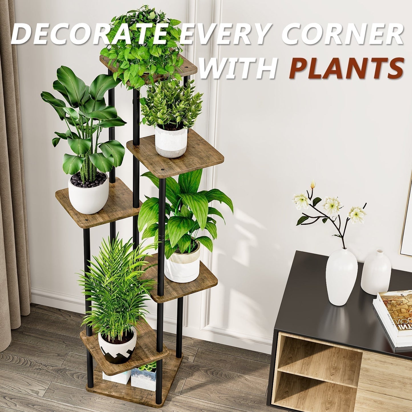 Linzinar Plant Stand 6 Tier 7 Potted Indoor Metal Corner Flower Shelf for Multiple Plants