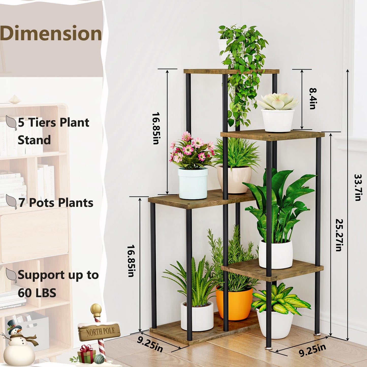 Linzinar Plant Stand Indoor Corner Plant Shelf 5 Tier 7 Potted Flower Shelves Wooden
