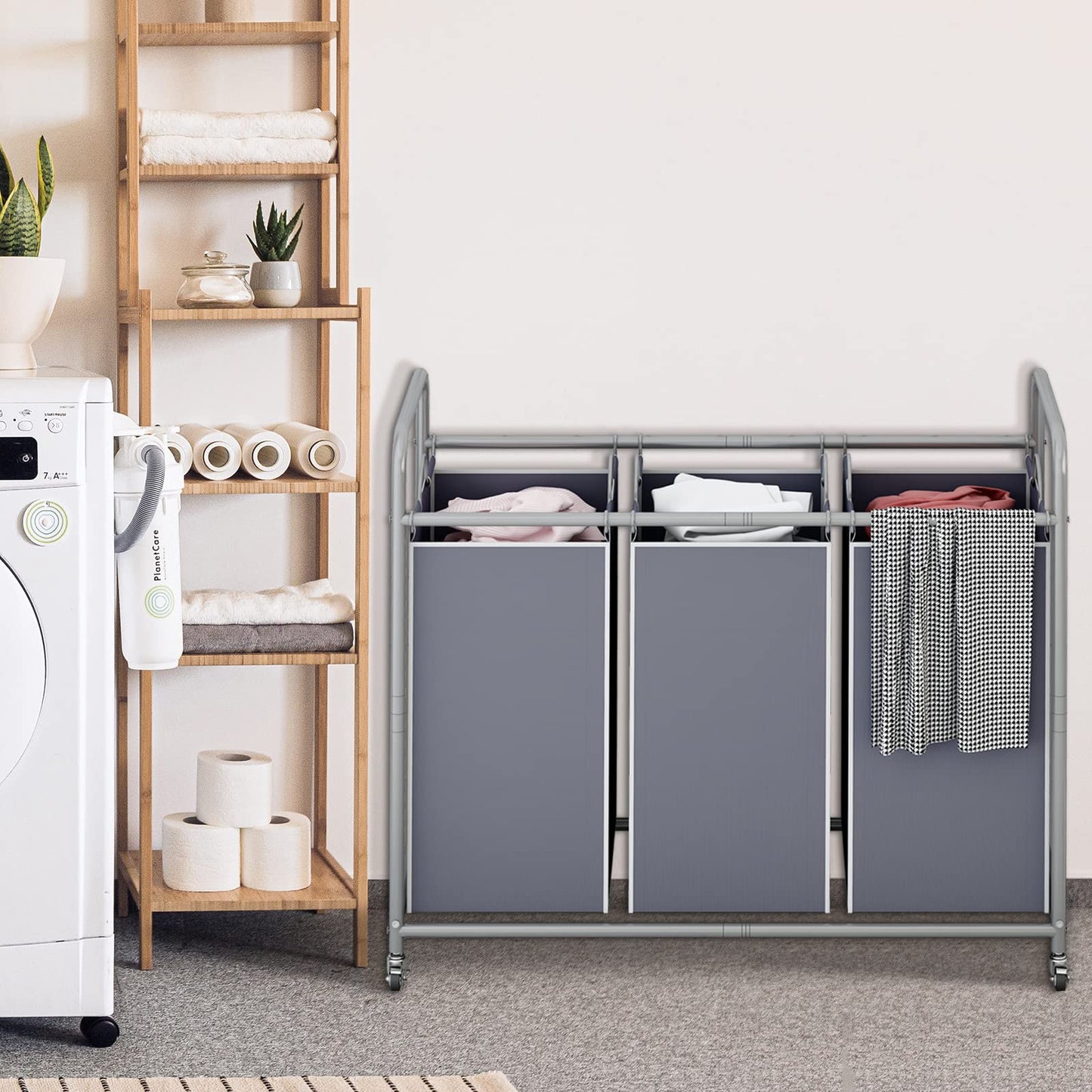 Linzinar Laundry Sorter Basket 3 Bag Laundry Hamper Cart