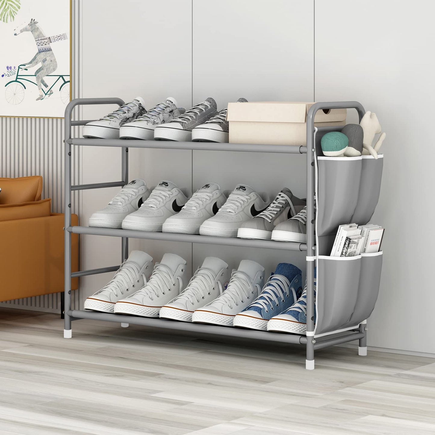 Linzinar Shoe Rack Storage Organizer 3 Tier Free Standing Metal Shoe Shelf