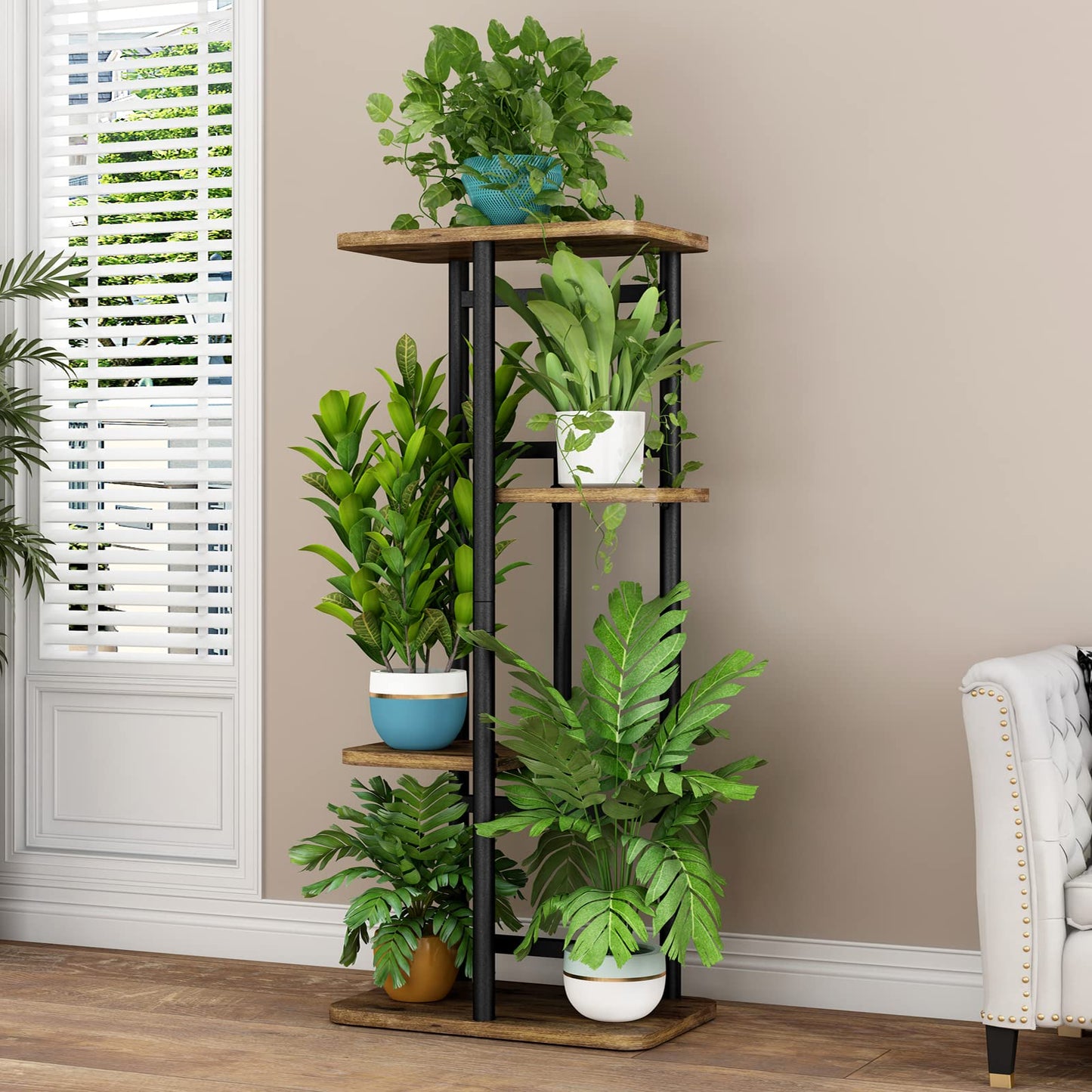 Linzinar Plant Stand 4 Tier 5 Potted Indoor Plant Shelf Multiple Stands for Garden Corner Balcony Living Room