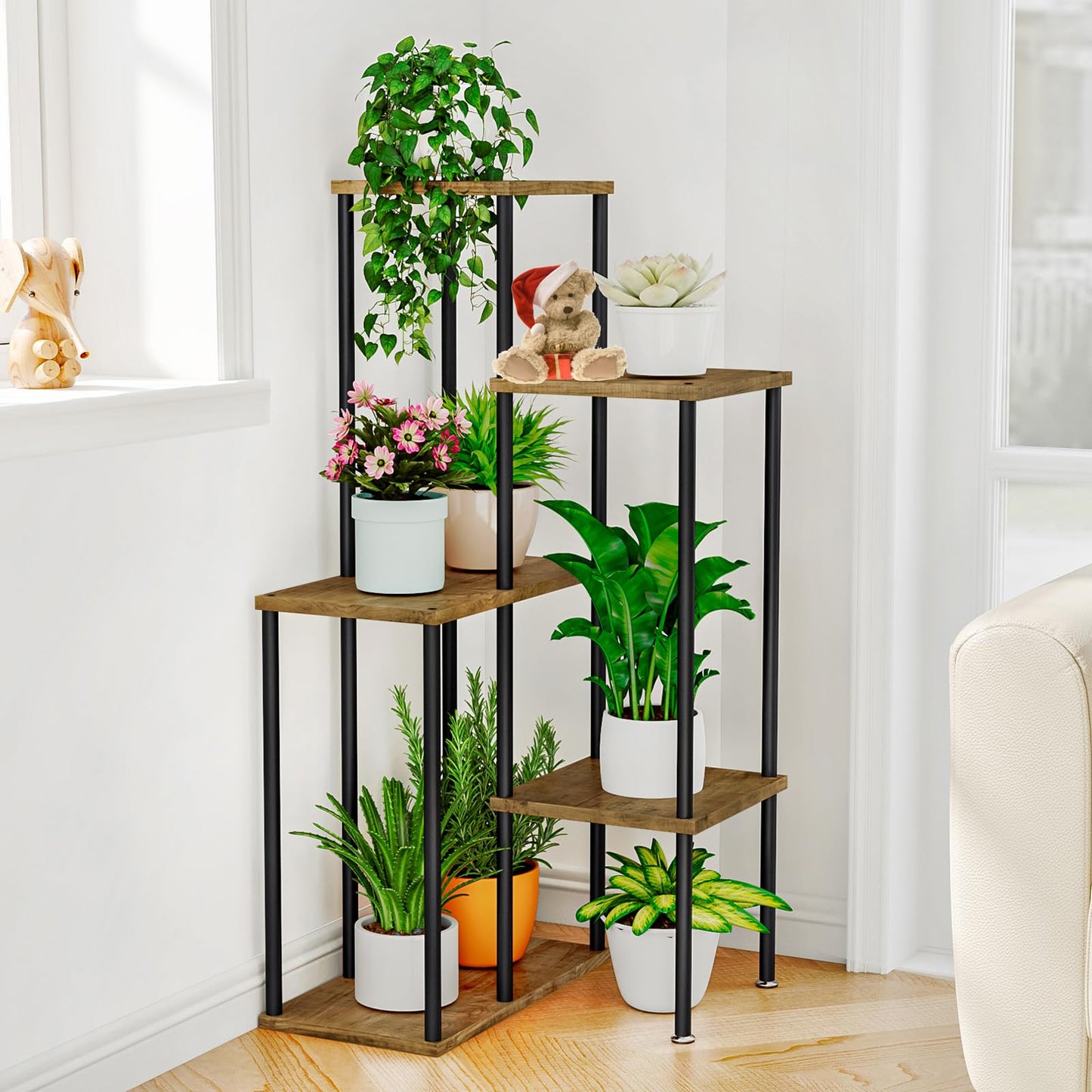 Linzinar Plant Stand Indoor Corner Plant Shelf 5 Tier 7 Potted Flower Shelves Wooden