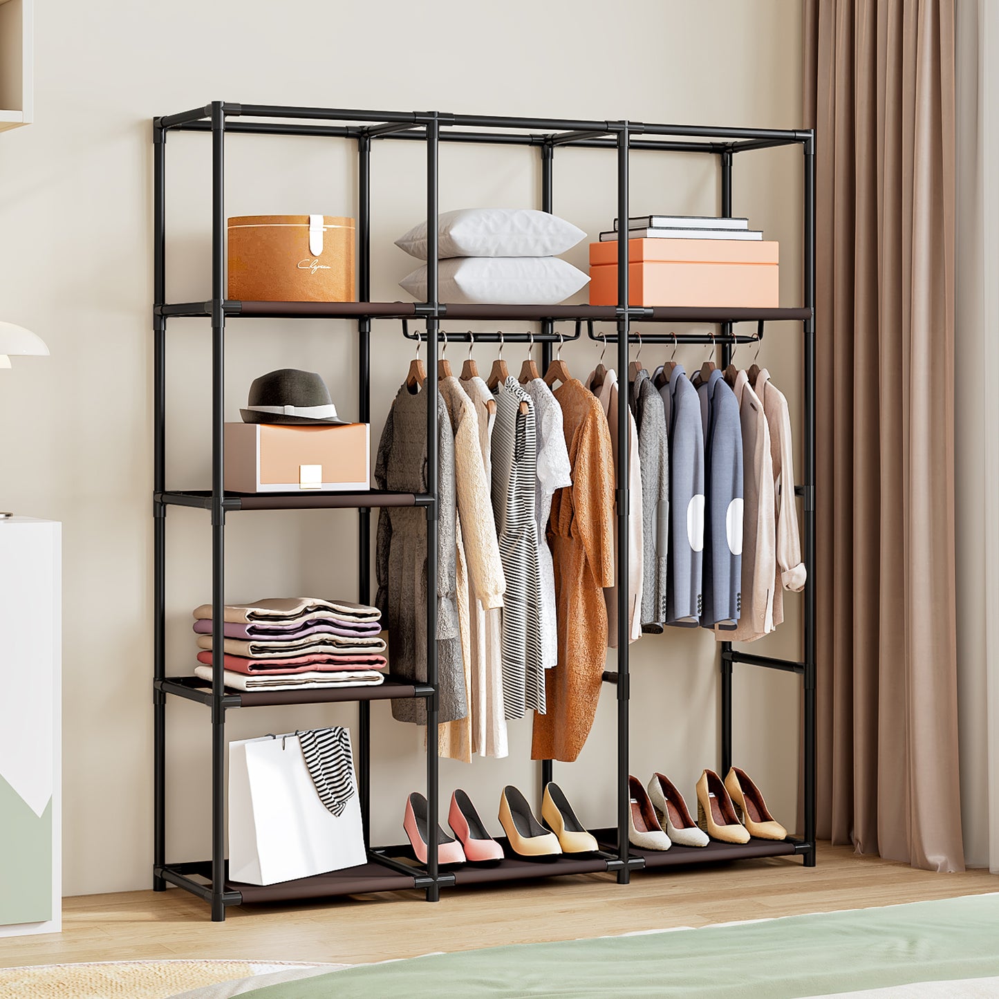 Linzinar 51 Inch Portable Wardrobe Closet Storage Organizer Metal Hanging Rack Non-Woven Fabric