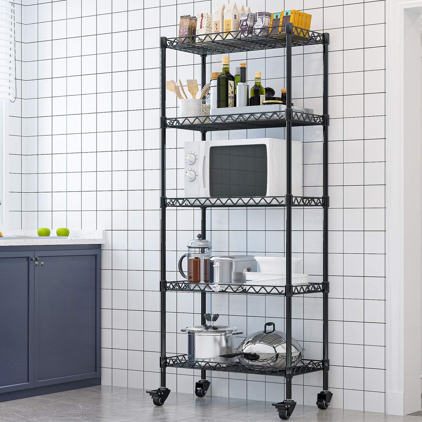 Linzinar Shelves 5-Shelf Shelving Storage Unit on Wheel Casters Metal Organizer