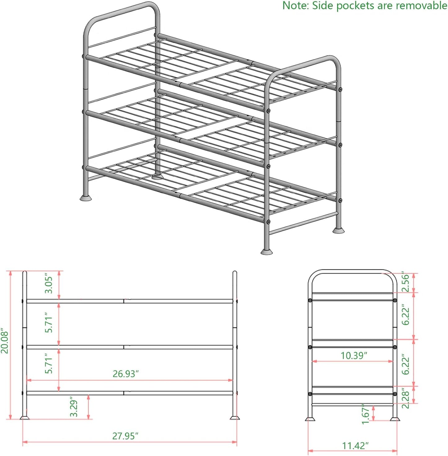 Linzinar Shoe Rack 3 Tier Black Wide Metal Storage Organizer Shelf with Removable Side Pockets