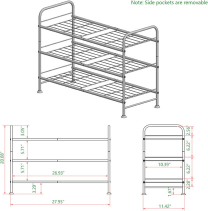 Linzinar Shoe Rack 3 Tier Black Wide Metal Storage Organizer Shelf with Removable Side Pockets