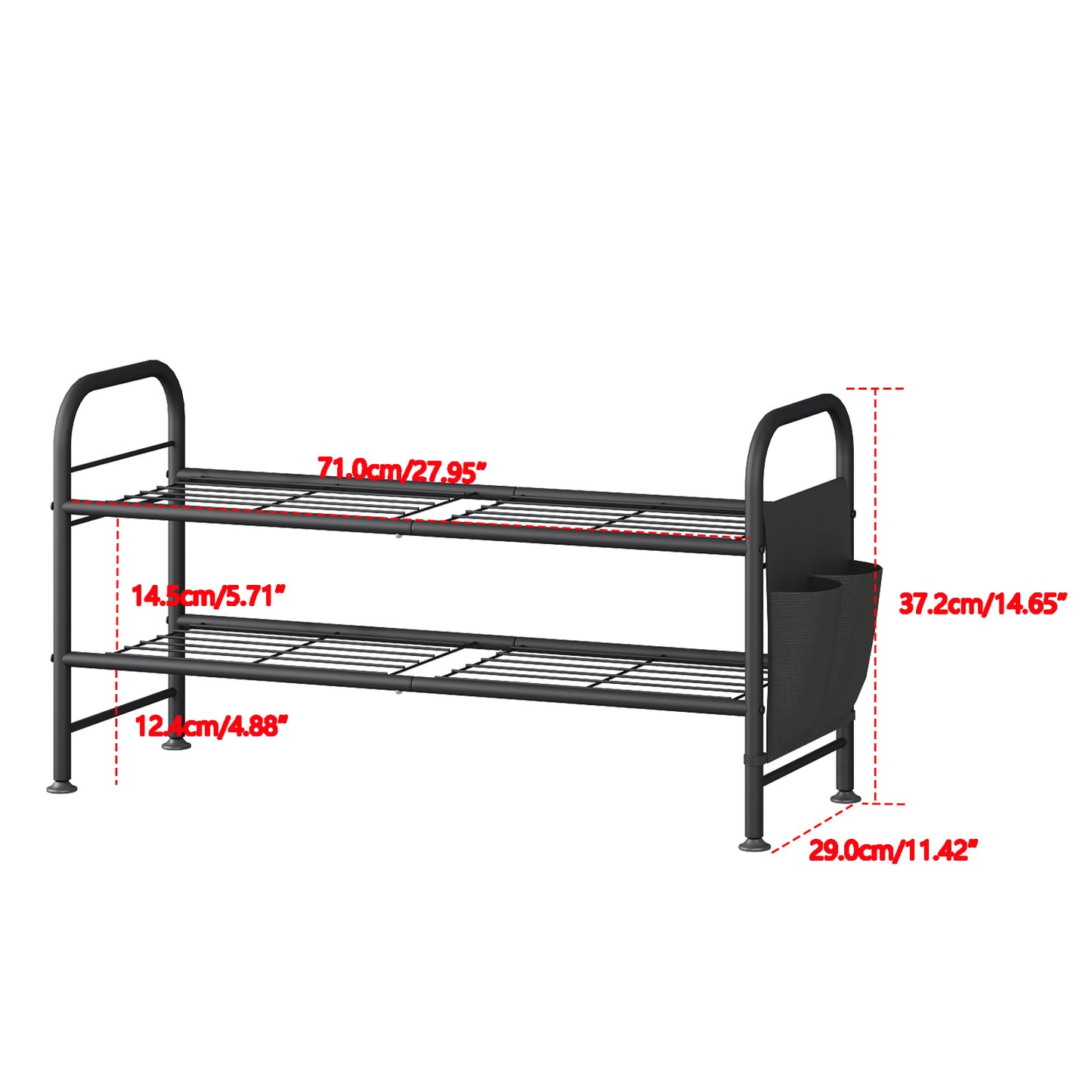 Linzinar Shoe Rack 3 Tier Black Wide Metal Storage Organizer Shelf with Removable Side Pockets