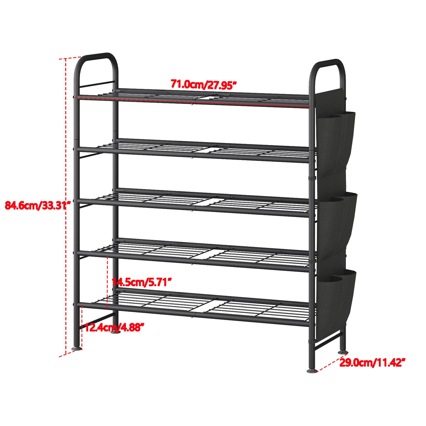 Linzinar Shoe Rack 3 Tier Black Wide Metal Storage Organizer Shelf with Removable Side Pockets