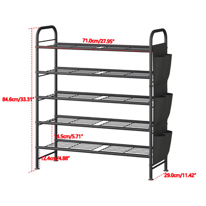 Linzinar Shoe Rack 3 Tier Black Wide Metal Storage Organizer Shelf with Removable Side Pockets