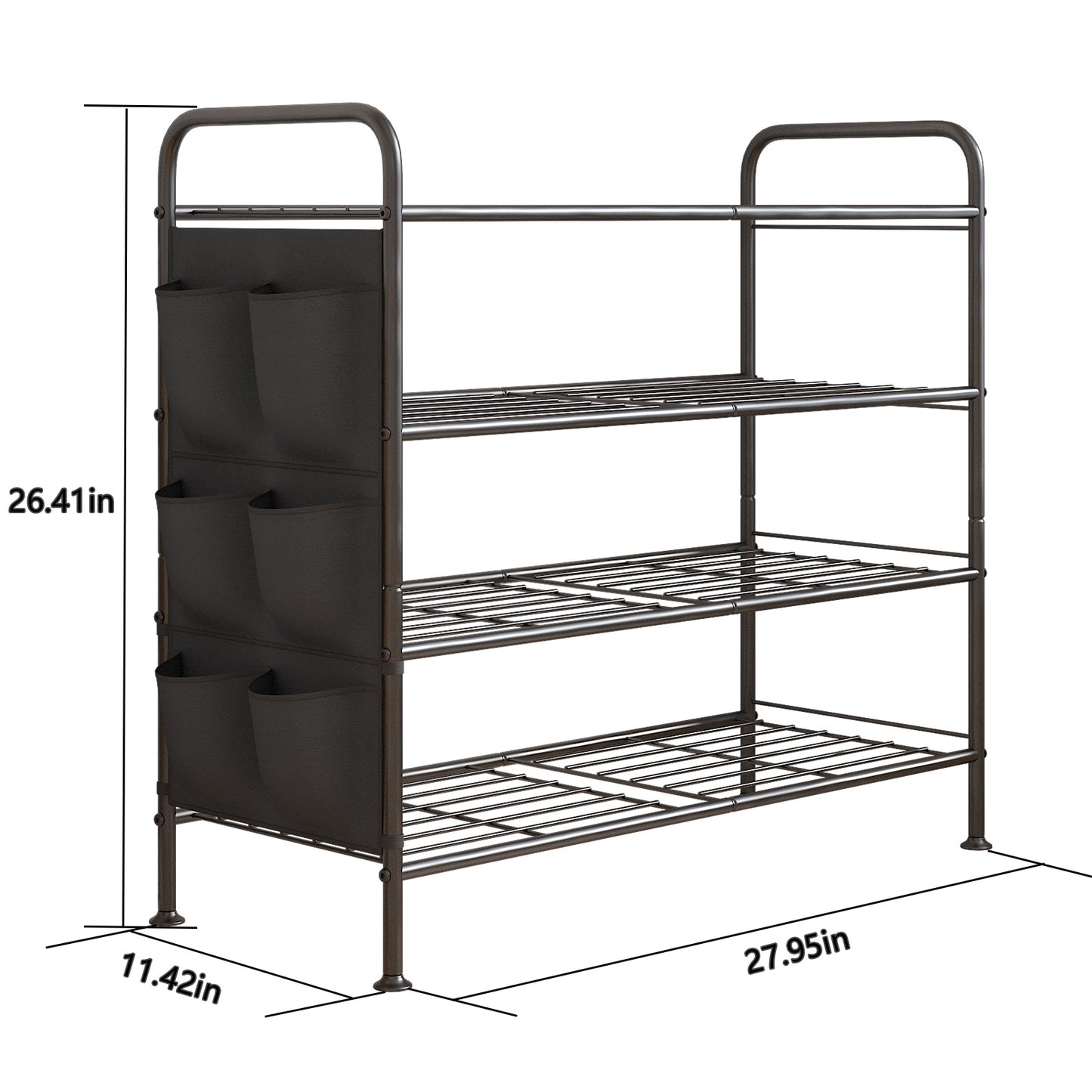 Linzinar Shoe Rack 3 Tier Black Wide Metal Storage Organizer Shelf with Removable Side Pockets
