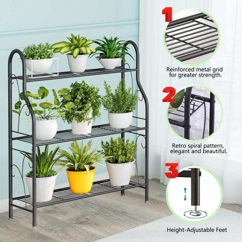 Linzinar 3 Tier Metal Plant Stand Indoor Outdoor Plant Stands Corner Plant Shelf