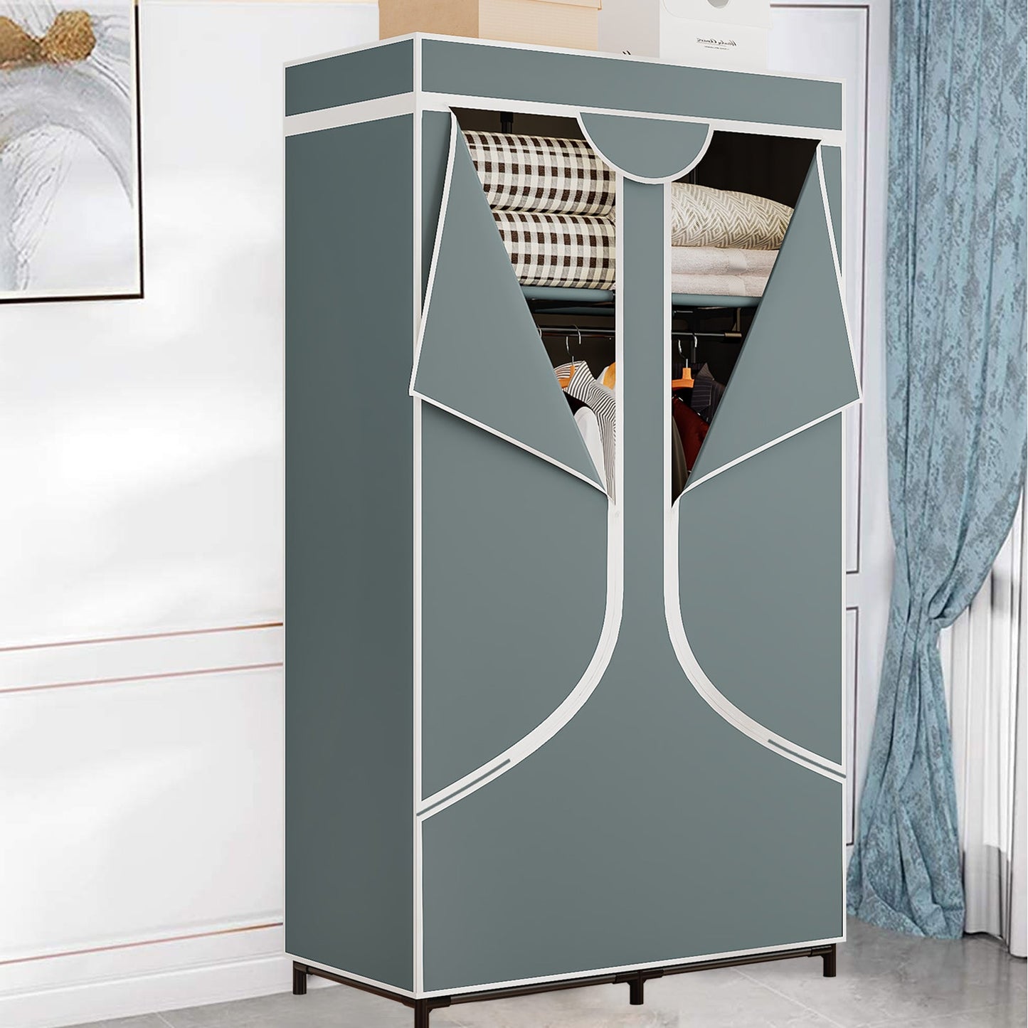 Linzinar 34 Inch Portable Wardrobe Closet Storage Organizer Metal Hanging Rack Non-Woven Fabric