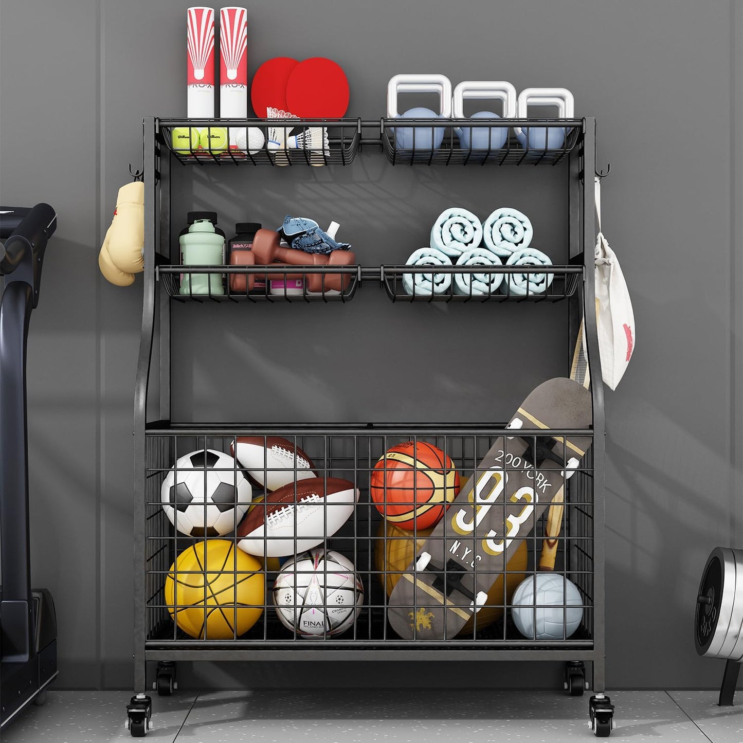 Linzinar Garage Sports Equipment Organizer Ball Rack Rolling Sports Gear Storage Car