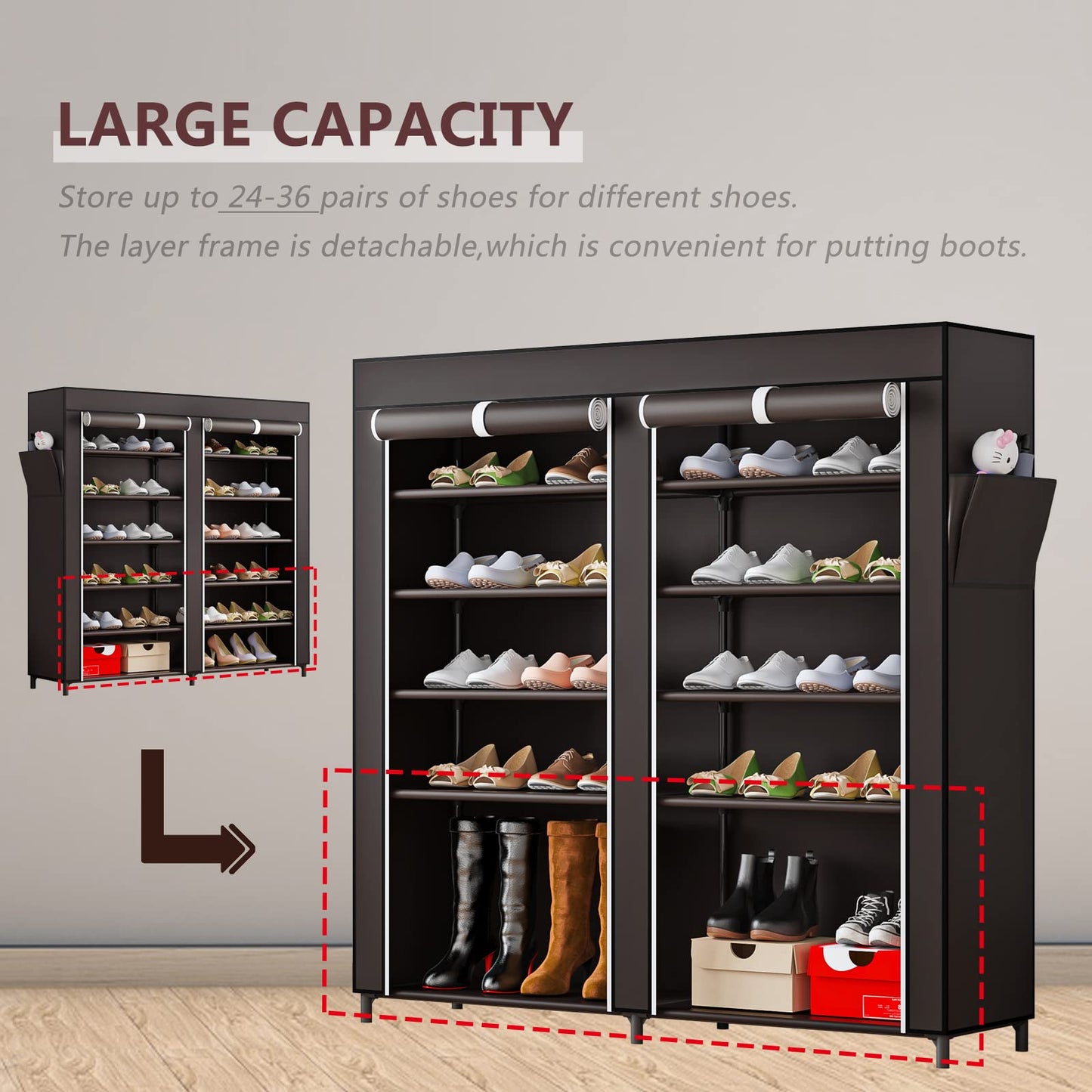 Linzinar Shoe Rack 6 Tier 24-36 Pairs Portable Metal Dust Cover Non Woven with Side Pocket Shoe Shelf Cabinet