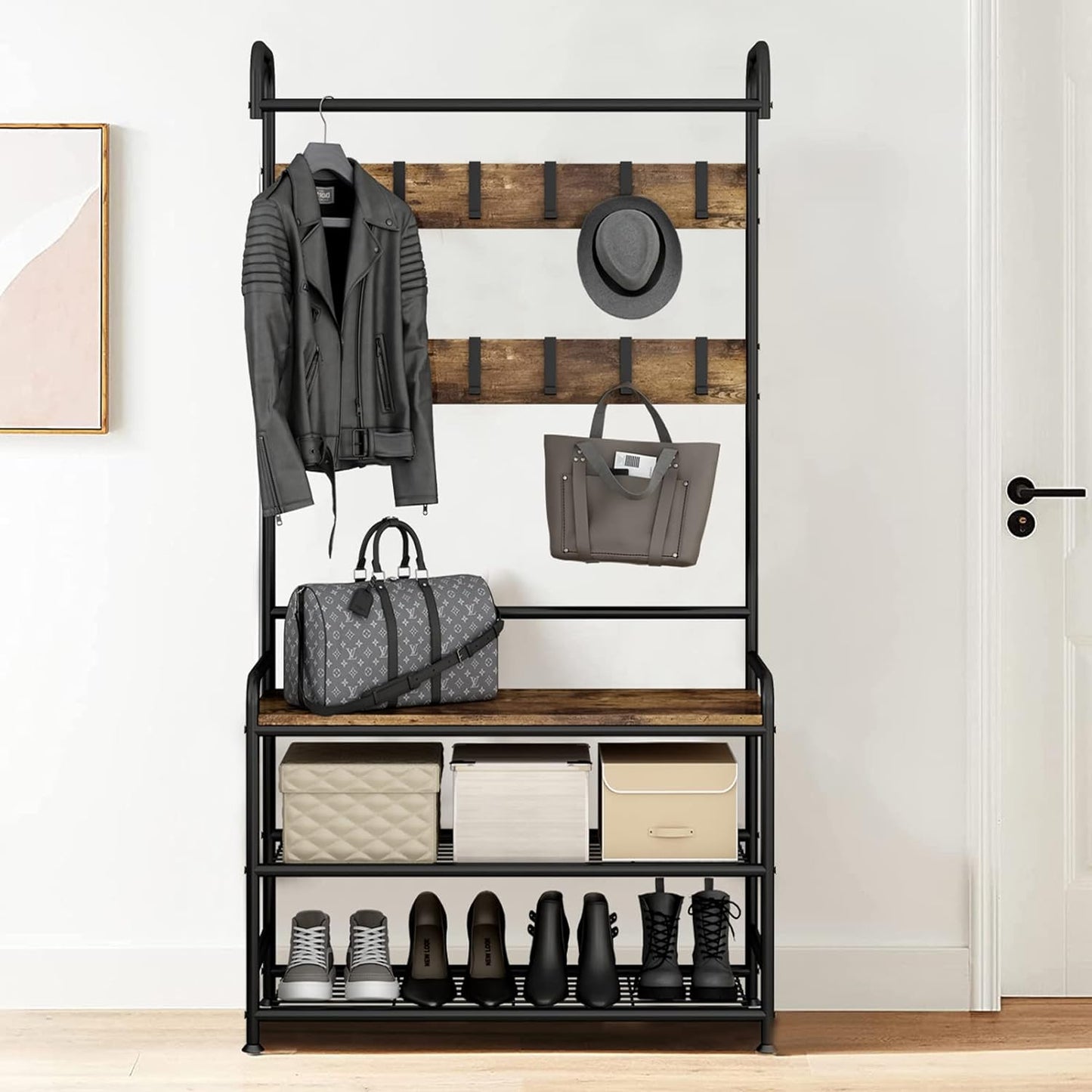 Linzinar Coat Rack Shoe Bench 3-in-1 Hall Tree with MDF Stand