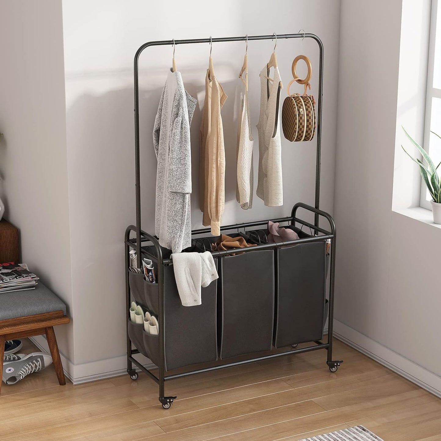 Linzinar Laundry Sorter 3 Bag Laundry Hamper Cart with Clothes Hanging Bar