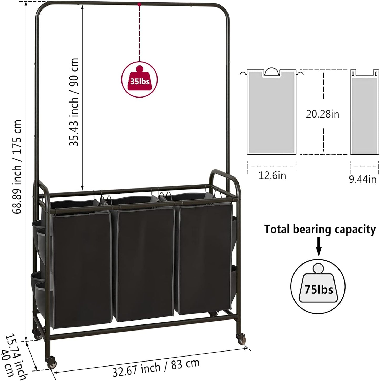 Linzinar Laundry Sorter 3 Bag Laundry Hamper Cart with Clothes Hanging Bar