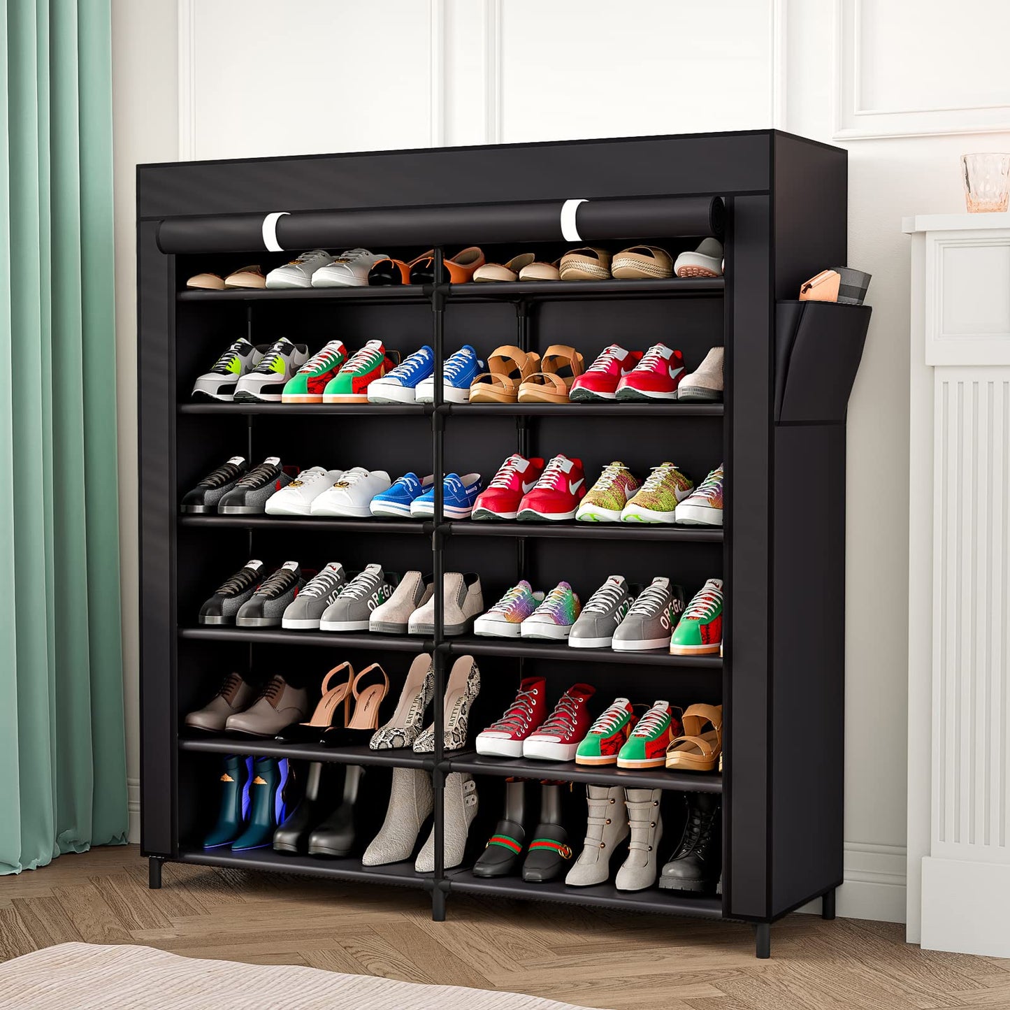 Linzinar 7-Tier Shoe Rack Storage Organizer 42 Pairs Portable Double Row with Dustproof Cover Non-Woven Shoe Storage Cabinet