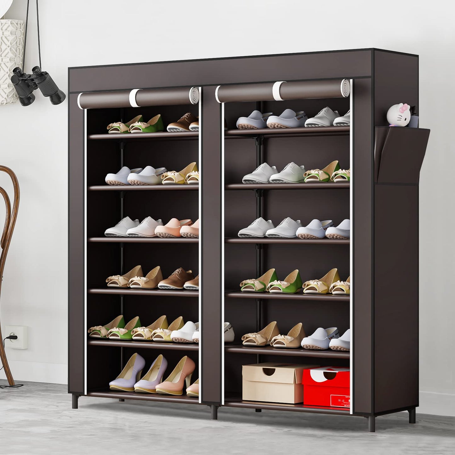 Linzinar Shoe Rack 6 Tier 24-36 Pairs Portable Metal Dust Cover Non Woven with Side Pocket Shoe Shelf Cabinet